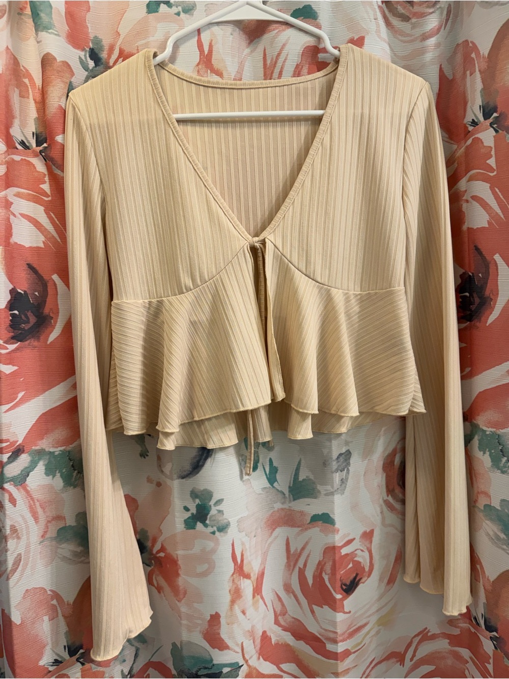 SHEIN Cream Ruffle Tie-Front Long Sleeve Crop Top